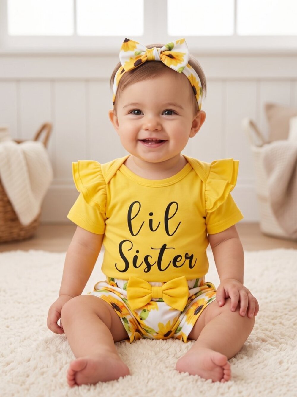 NWT | Lil Sister Sunflower Ruffle Bodysuit Shorts Headband Outfit Set | 9-12M